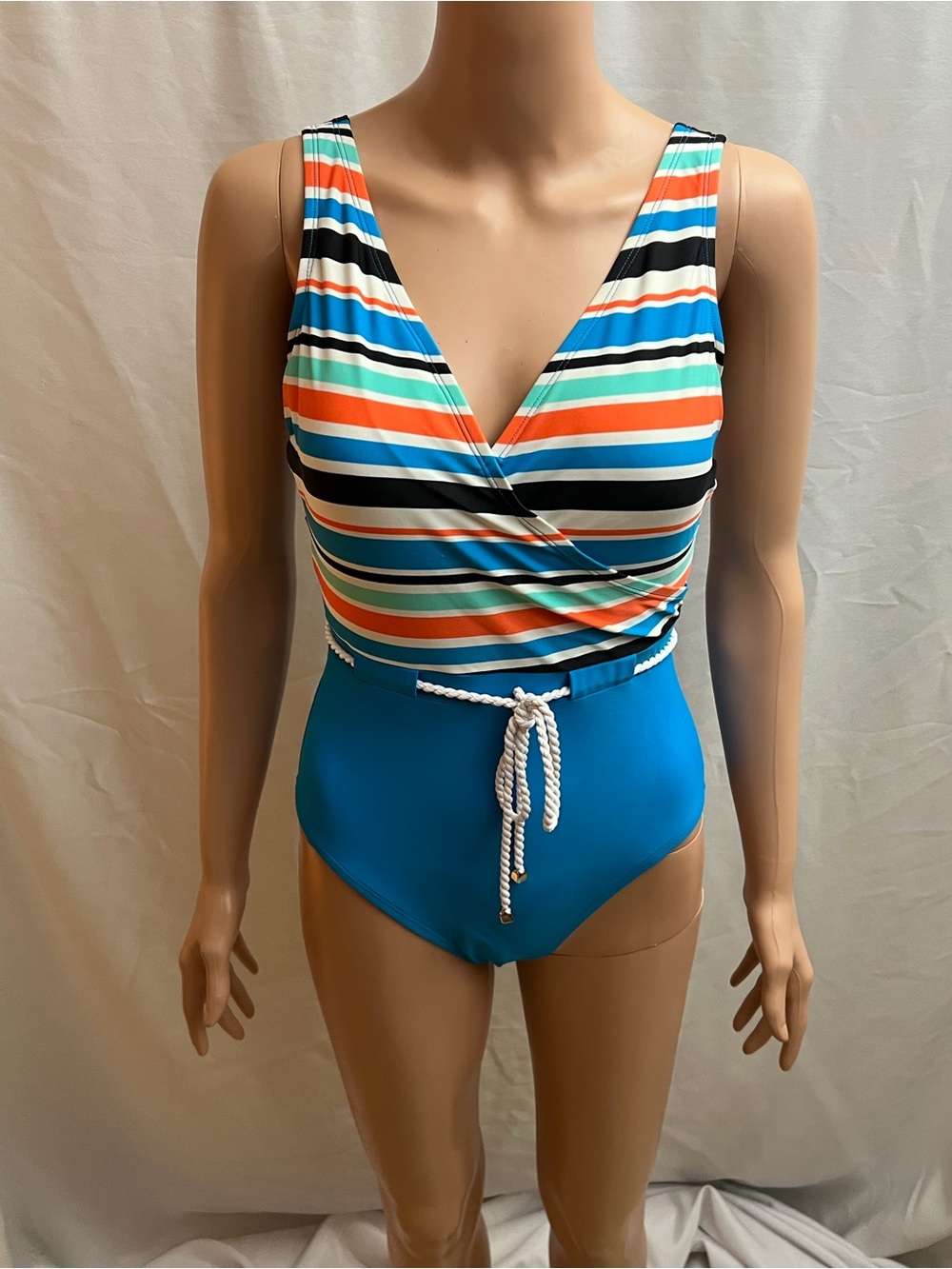 Sol Collective Blue Striped Surplice One Piece Swimsuit Size 8